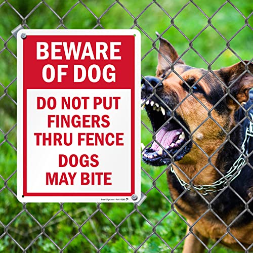 SmartSign 14 x 10 inch “Beware of Dog - Do Not Put Fingers Thru Fence, Dogs May Bite” Metal Sign, 40 mil Laminated Rustproof Aluminum, Red and White