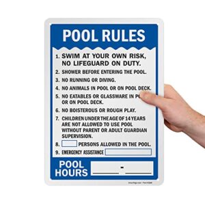 SmartSign 14 x 10 inch “Pool Rules - Swim At Your Own Risk, Shower Before Entering, Emergency Assistance, Pool Hours” Write-On Metal Sign, 40 mil Laminated Rustproof Aluminum, Blue, Black and White