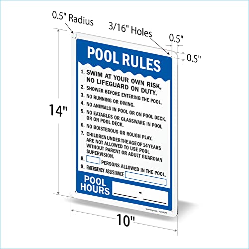 SmartSign 14 x 10 inch “Pool Rules - Swim At Your Own Risk, Shower Before Entering, Emergency Assistance, Pool Hours” Write-On Metal Sign, 40 mil Laminated Rustproof Aluminum, Blue, Black and White