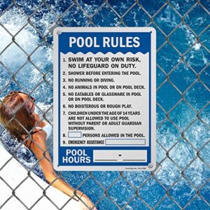 SmartSign 14 x 10 inch “Pool Rules - Swim At Your Own Risk, Shower Before Entering, Emergency Assistance, Pool Hours” Write-On Metal Sign, 40 mil Laminated Rustproof Aluminum, Blue, Black and White