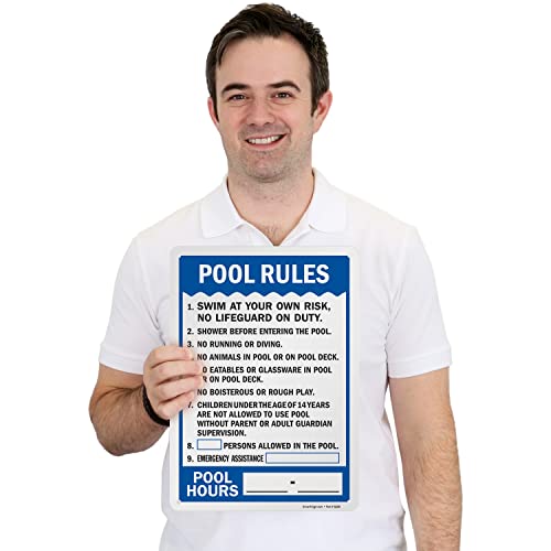 SmartSign 14 x 10 inch “Pool Rules - Swim At Your Own Risk, Shower Before Entering, Emergency Assistance, Pool Hours” Write-On Metal Sign, 40 mil Laminated Rustproof Aluminum, Blue, Black and White