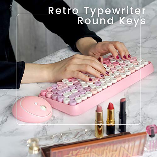Perixx PERIDUO-713 Wireless Mini Keyboard and Mouse Combo, Retro Round Key Caps, Pastel Pink, US English Layout