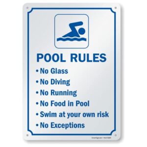 smartsign 14 x 10 inch “pool rules - no glass, no diving, no running…” metal sign, screen printed, 40 mil laminated rustproof aluminum, blue and white