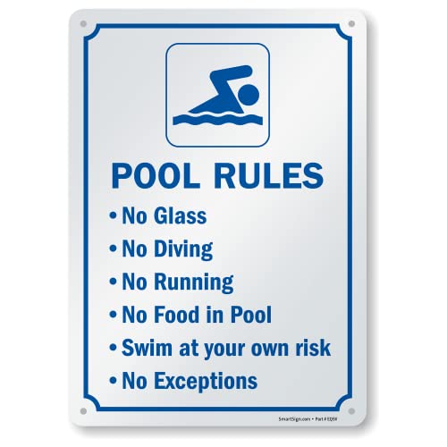 SmartSign 14 x 10 inch “Pool Rules - No Glass, No Diving, No Running…” Metal Sign, Screen Printed, 40 mil Laminated Rustproof Aluminum, Blue and White