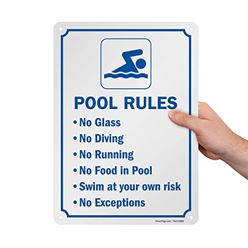 SmartSign 14 x 10 inch “Pool Rules - No Glass, No Diving, No Running…” Metal Sign, Screen Printed, 40 mil Laminated Rustproof Aluminum, Blue and White