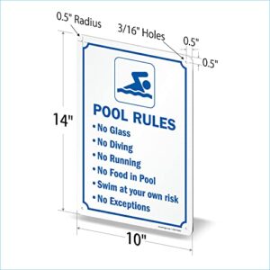 SmartSign 14 x 10 inch “Pool Rules - No Glass, No Diving, No Running…” Metal Sign, Screen Printed, 40 mil Laminated Rustproof Aluminum, Blue and White