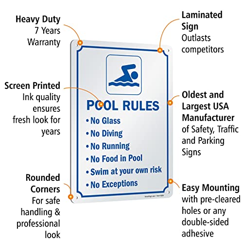 SmartSign 14 x 10 inch “Pool Rules - No Glass, No Diving, No Running…” Metal Sign, Screen Printed, 40 mil Laminated Rustproof Aluminum, Blue and White