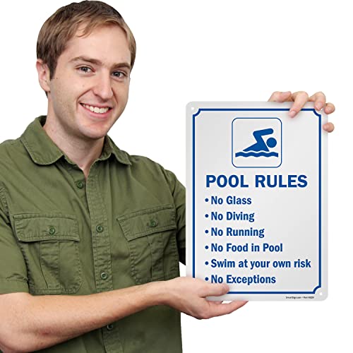 SmartSign 14 x 10 inch “Pool Rules - No Glass, No Diving, No Running…” Metal Sign, Screen Printed, 40 mil Laminated Rustproof Aluminum, Blue and White