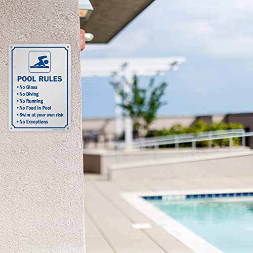 SmartSign 14 x 10 inch “Pool Rules - No Glass, No Diving, No Running…” Metal Sign, Screen Printed, 40 mil Laminated Rustproof Aluminum, Blue and White