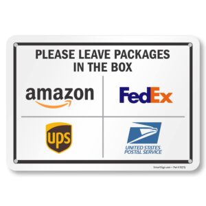 smartsign 7 x 10 inch “please leave packages in the box - amazon, fedex, ups, usps” delivery instructions metal sign, 40 mil laminated rustproof aluminum, multicolor