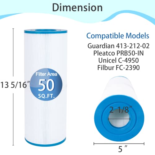 Future Way Hot tub Filter Compatible with Pleatco PRB50-IN, Unicel C-4950, Jacuzzi J210/J220/J235/J245/J275, Filbur FC-2390, 5X13 Drop in Spa Filter, 50 sq.ft, 2-Pack