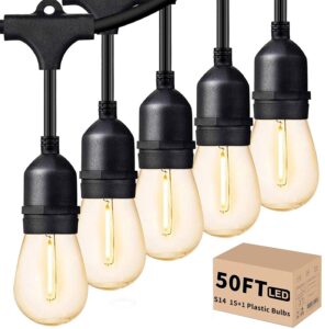 svater outdoor led string lights 50ft, patio lights with 16pcs s14 shatterproof bulbs, 1 watt e26 dimmable 2700k warm white, ip65 waterproof, commercial grade lights