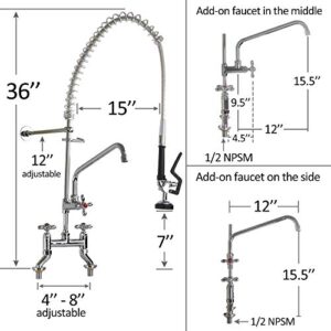 YooGyy Commercial Pre-Rinse Sprayer Faucet 4 to 8 Inch Adjustable Center Deck Mount 36’’ Height, Dual Hole Dual Handles with High Pressure Pull Down Spray Valve and 12’’ Add on Spout