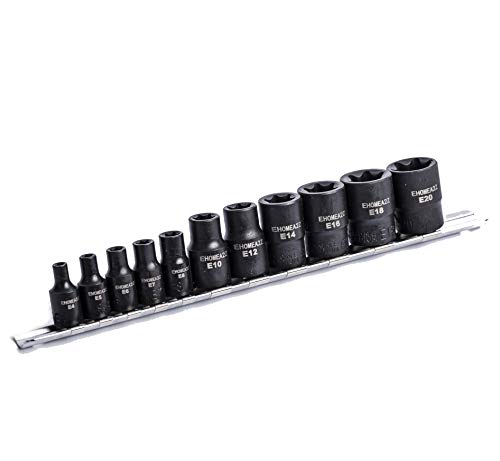 eHomeA2Z 11 Pc E-Torx Female Star Socket Set CR-V Steel E4 - E20 Drop Forged Black Phosphate Finish (Black Phosphate)