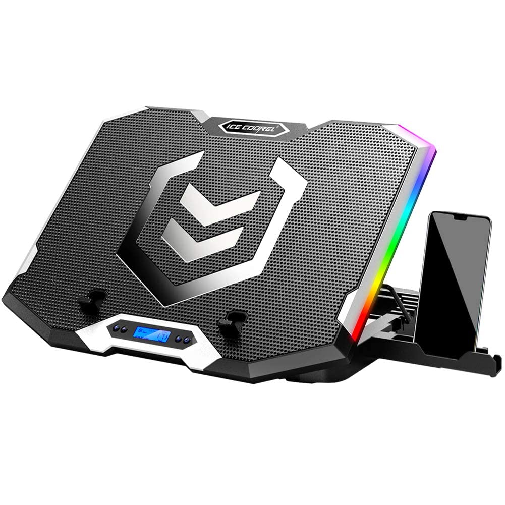 ICE COOREL Gaming Laptop Cooling Pad 15-17.3 Inch with 6 Cooling Fans, Cooling Stand with 6 Height Adjustable, Laptop Cooler with RGB Light, LCD Screen, 2 USB Ports, Phone Stand