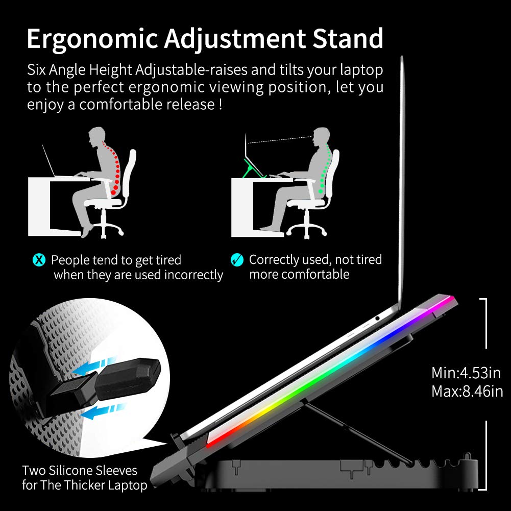 ICE COOREL Gaming Laptop Cooling Pad 15-17.3 Inch with 6 Cooling Fans, Cooling Stand with 6 Height Adjustable, Laptop Cooler with RGB Light, LCD Screen, 2 USB Ports, Phone Stand