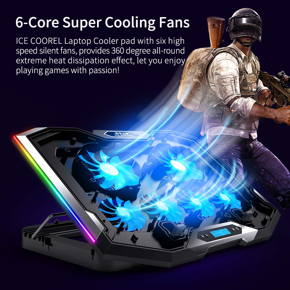 ICE COOREL Gaming Laptop Cooling Pad 15-17.3 Inch with 6 Cooling Fans, Cooling Stand with 6 Height Adjustable, Laptop Cooler with RGB Light, LCD Screen, 2 USB Ports, Phone Stand