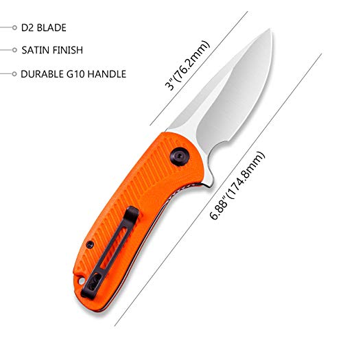 CIVIVI Durus Folding Pocket Knife –Everyday Carry Folder Knife with Satin D2 Blade G10 Handle, 3 Inch Flipper Knife with Liner Lock ,Ball Bearing Pivot, Reversible Clip C906C (Orange)