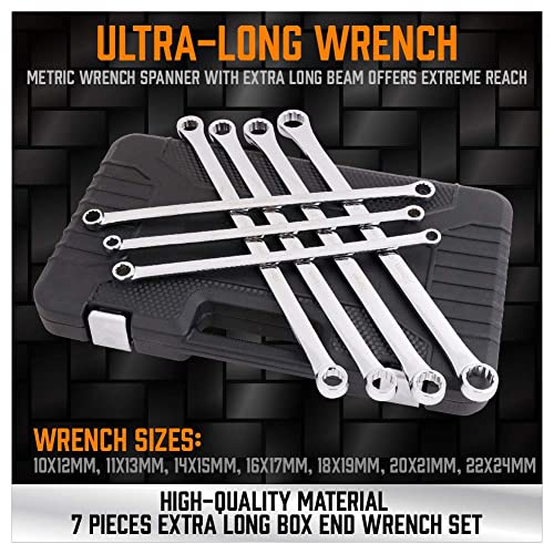 HORUSDY 7-Piece Extra Long Double Box End Wrench Set, CR-V, Less Effort Aviation Wrench Metric 10mm - 24mm