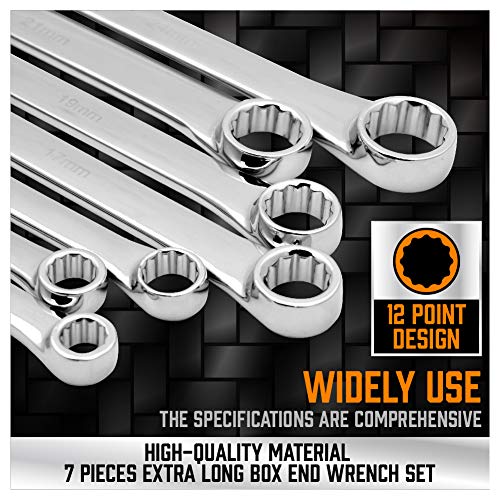 HORUSDY 7-Piece Extra Long Double Box End Wrench Set, CR-V, Less Effort Aviation Wrench Metric 10mm - 24mm