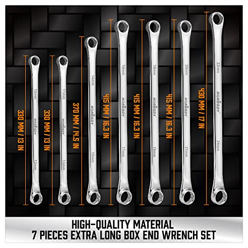 HORUSDY 7-Piece Extra Long Double Box End Wrench Set, CR-V, Less Effort Aviation Wrench Metric 10mm - 24mm