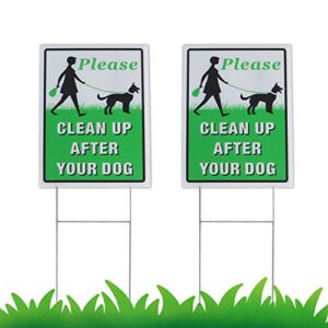 please clean up after your dog 2 pack, 12" x 9" yard sign with metal wire h-stakes included, no pooping dog lawn signs double sided