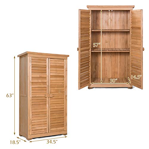 Safstar Outdoor Storage Shed, Wooden Tool Storage Shed w/ Detachable Shelves & Pitch Roof & Shutter Vents, Garden Storage Cabinet for Backyard Patio Deck Porch, 34.5”L x 18.5”W x 63”H, Natural