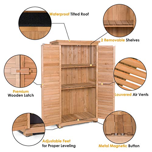 Safstar Outdoor Storage Shed, Wooden Tool Storage Shed w/ Detachable Shelves & Pitch Roof & Shutter Vents, Garden Storage Cabinet for Backyard Patio Deck Porch, 34.5”L x 18.5”W x 63”H, Natural