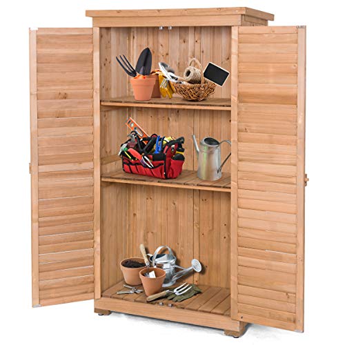 Safstar Outdoor Storage Shed, Wooden Tool Storage Shed w/ Detachable Shelves & Pitch Roof & Shutter Vents, Garden Storage Cabinet for Backyard Patio Deck Porch, 34.5”L x 18.5”W x 63”H, Natural