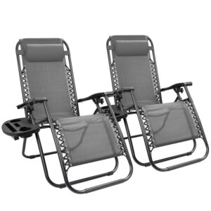 kemon zero gravity folding lounge outdoor patio adjustable reclining chair with pillows and cup holders for beach set of 2, double grey