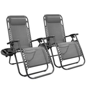 Kemon Zero Gravity Folding Lounge Outdoor Patio Adjustable Reclining Chair with Pillows and Cup Holders for Beach Set of 2, Double Grey