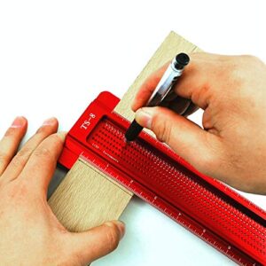 Woodworking Ruler,TS-8 Woodworking Hole Ruler Aluminum T-Shaped Measuring Tool Mini Scriber for Hardware(Red)