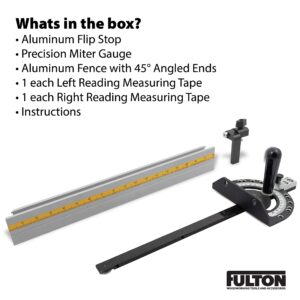 Fulton Precision Miter Gauge with Aluminum Miter Fence with 45 degree Angled Ends for Maximum Stock Support and a Repetitive Cut Flip Stop