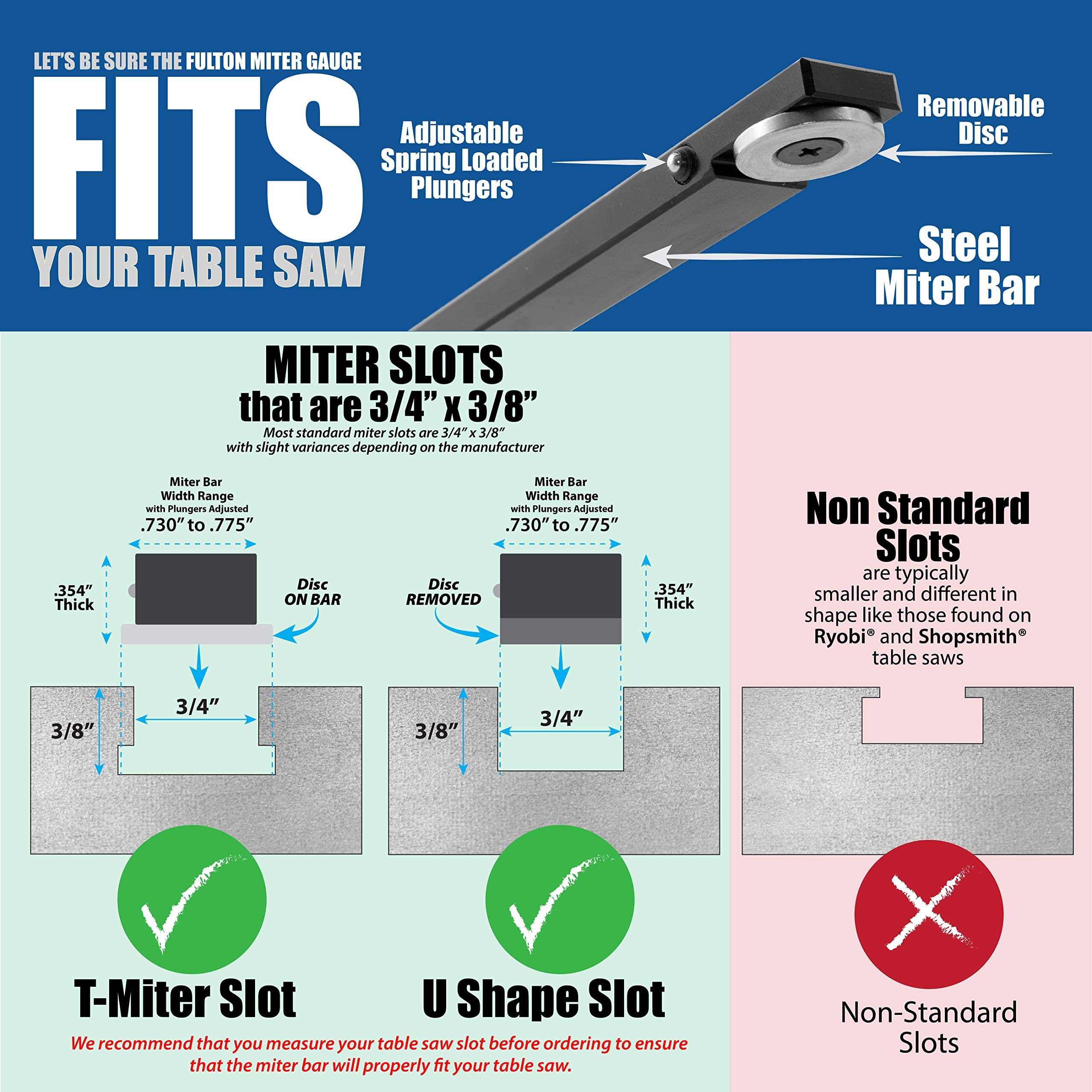 Fulton Precision Miter Gauge with Aluminum Miter Fence with 45 degree Angled Ends for Maximum Stock Support and a Repetitive Cut Flip Stop