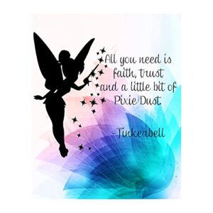tinkerbell quotes- faith, trust & pixie dust- inspirational typographic wall art with fairy tale print, peter pan themed wall art print for home decor, bedroom decor & nursery decor. unframed - 8x10”