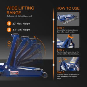 TCE ATZ830026XU Torin Hydraulic Ultra Low Profile Heavy Duty Steel Service/Floor Jack with Dual Piston Quick Lift Pump, 3 Ton (6,000 lb) Capacity, Blue