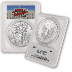 2020 1 oz american silver eagle coin ms-70 (keep america great label - kag) $1 pcgs ms70