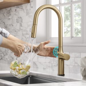 kraus ktf-3101bg oletto contemporary single-handle touch kitchen sink faucet with pull down sprayer, 19 7/8 inch, brushed gold