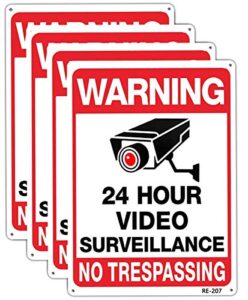 warning security cameras in use 24 hour video surveillance sign 10x14 aluminum uv ink printed,durable/weatherproof up to 7 years outdoor for house and business (4-pack)