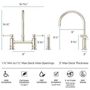 Pfister LG31-TDD Port Haven Kitchen Bridge Faucet with Side Sprayer, Polished Nickel