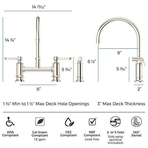 Pfister LG31-TDD Port Haven Kitchen Bridge Faucet with Side Sprayer, Polished Nickel