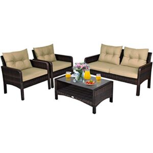 tangkula 4 piece patio furniture set, outdoor wicker conversation set with glass top coffee table, all weather proof and thick cushions, suitable for porch, garden, poolside and lawn (brown)