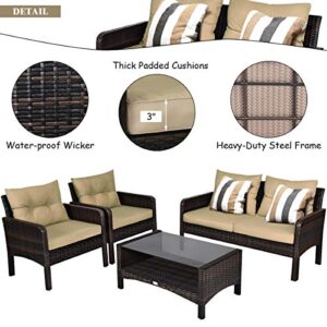 Tangkula 4 Piece Patio Furniture Set, Outdoor Wicker Conversation Set with Glass Top Coffee Table, All Weather Proof and Thick Cushions, Suitable for Porch, Garden, Poolside and Lawn (Brown)