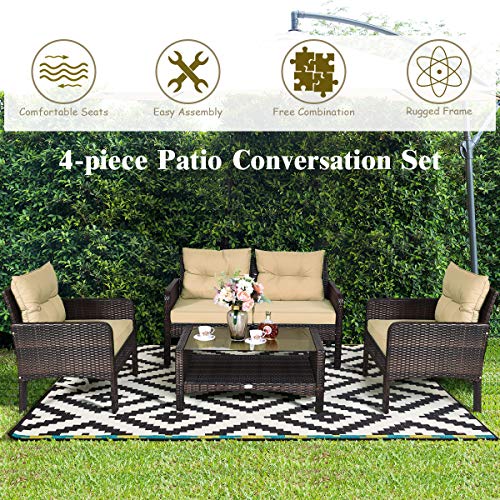 Tangkula 4 Piece Patio Furniture Set, Outdoor Wicker Conversation Set with Glass Top Coffee Table, All Weather Proof and Thick Cushions, Suitable for Porch, Garden, Poolside and Lawn (Brown)