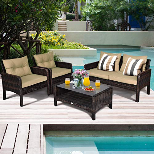 Tangkula 4 Piece Patio Furniture Set, Outdoor Wicker Conversation Set with Glass Top Coffee Table, All Weather Proof and Thick Cushions, Suitable for Porch, Garden, Poolside and Lawn (Brown)