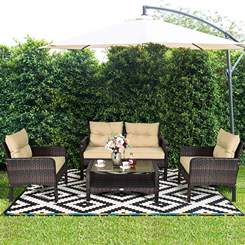 Tangkula 4 Piece Patio Furniture Set, Outdoor Wicker Conversation Set with Glass Top Coffee Table, All Weather Proof and Thick Cushions, Suitable for Porch, Garden, Poolside and Lawn (Brown)