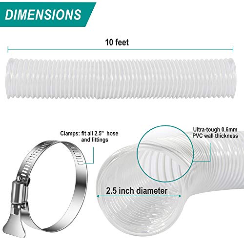 2.5 Inch x 10 Feet Dust Collection Hose - Flexible Clear PVC Heavy Duty Puncture Resistant Dust Debris Fume Hoses - Reinforced With Coated Wire Helix