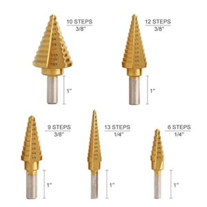 Trepot 5PCS HSS Titanium Step Drill Bit Set & Automatic Center Punch, High Speed Steel Drill Bits, Double Cutting Blades Design, 50 Sizes with Aluminum Case, Short Length Drill Bits Set