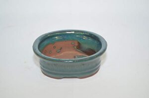 bonsai ceramic pot 5" oval shape, teal color with draining holes.