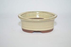 bonsai ceramic pot 5" oval shape, beige color with draining holes.